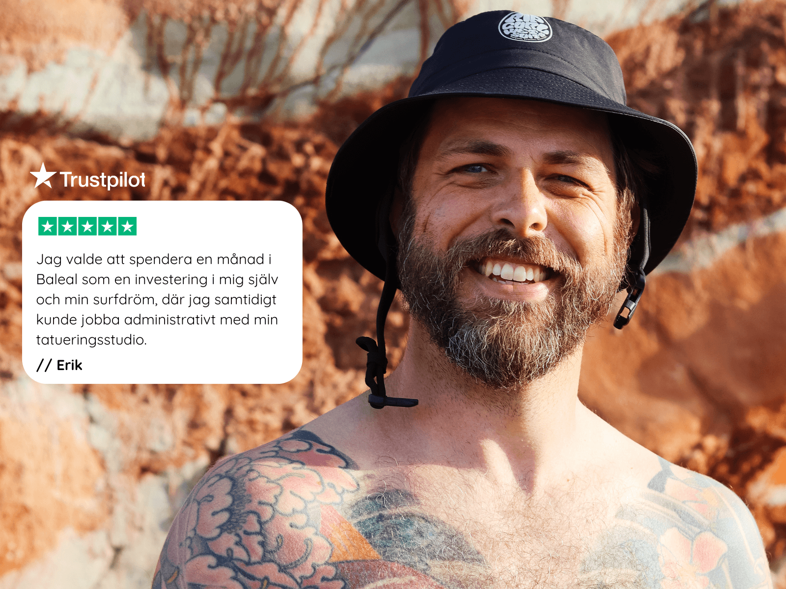 En nöjd surfare på Magnus & Friends surfcamp och en Trustpilot review