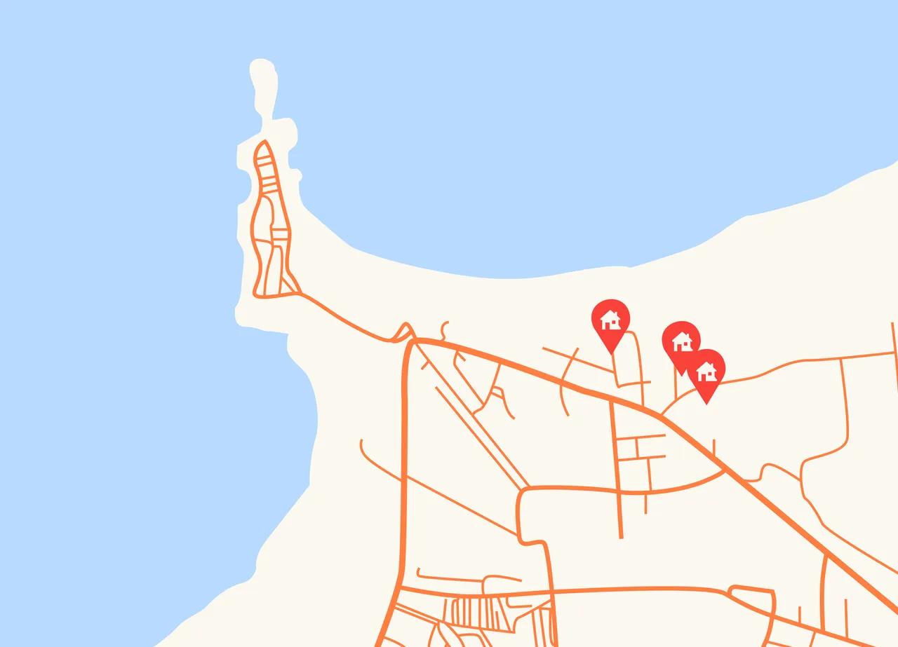 Karta över Baleal i Portugal med våra boenden markerade i förhållande till kusten och områdets vägar.