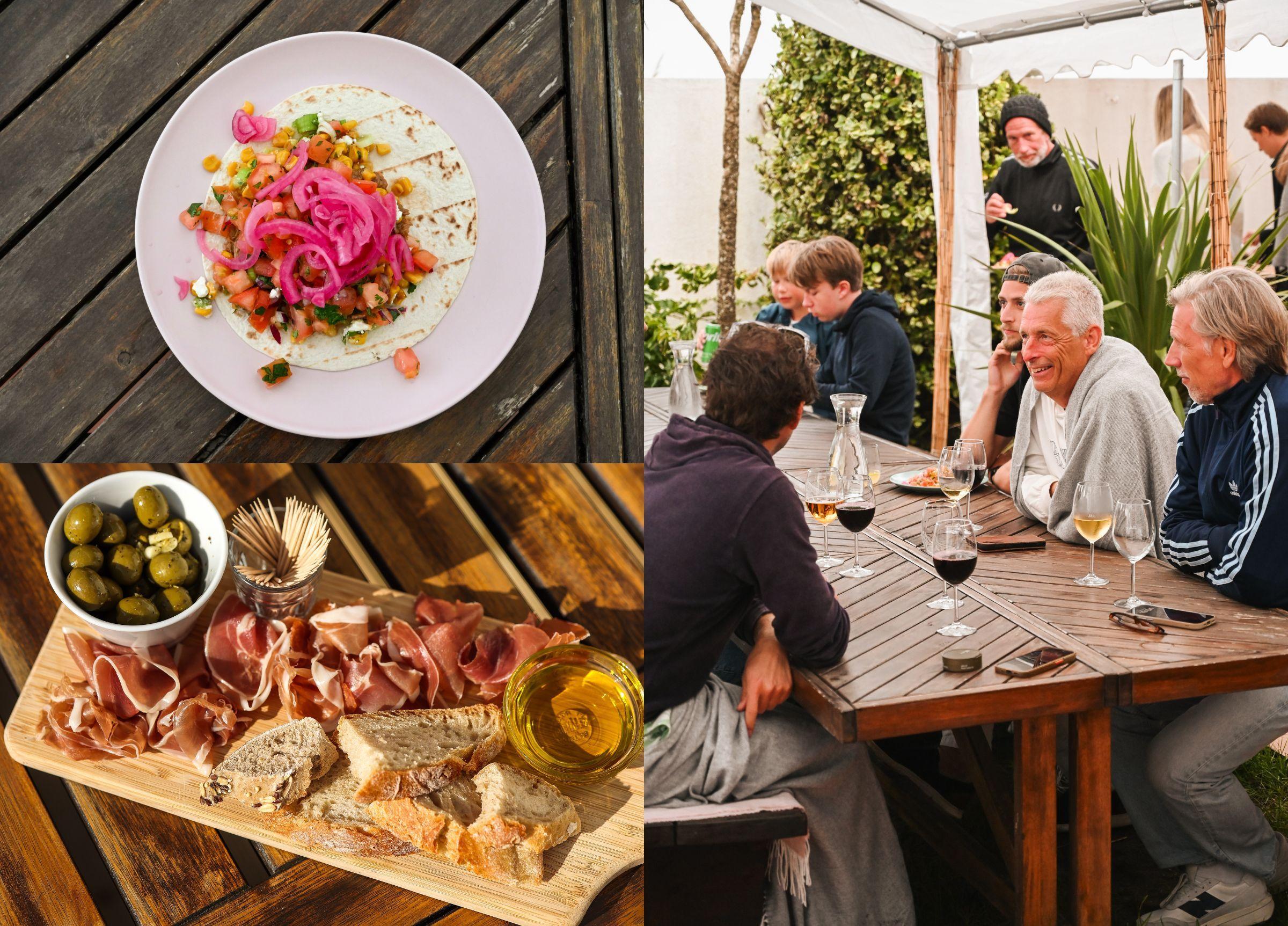 Collage med tre bilder: beef chili tacos, en charkbricka med olika delikatesser och en grupp resenärer som hänger tillsammans.