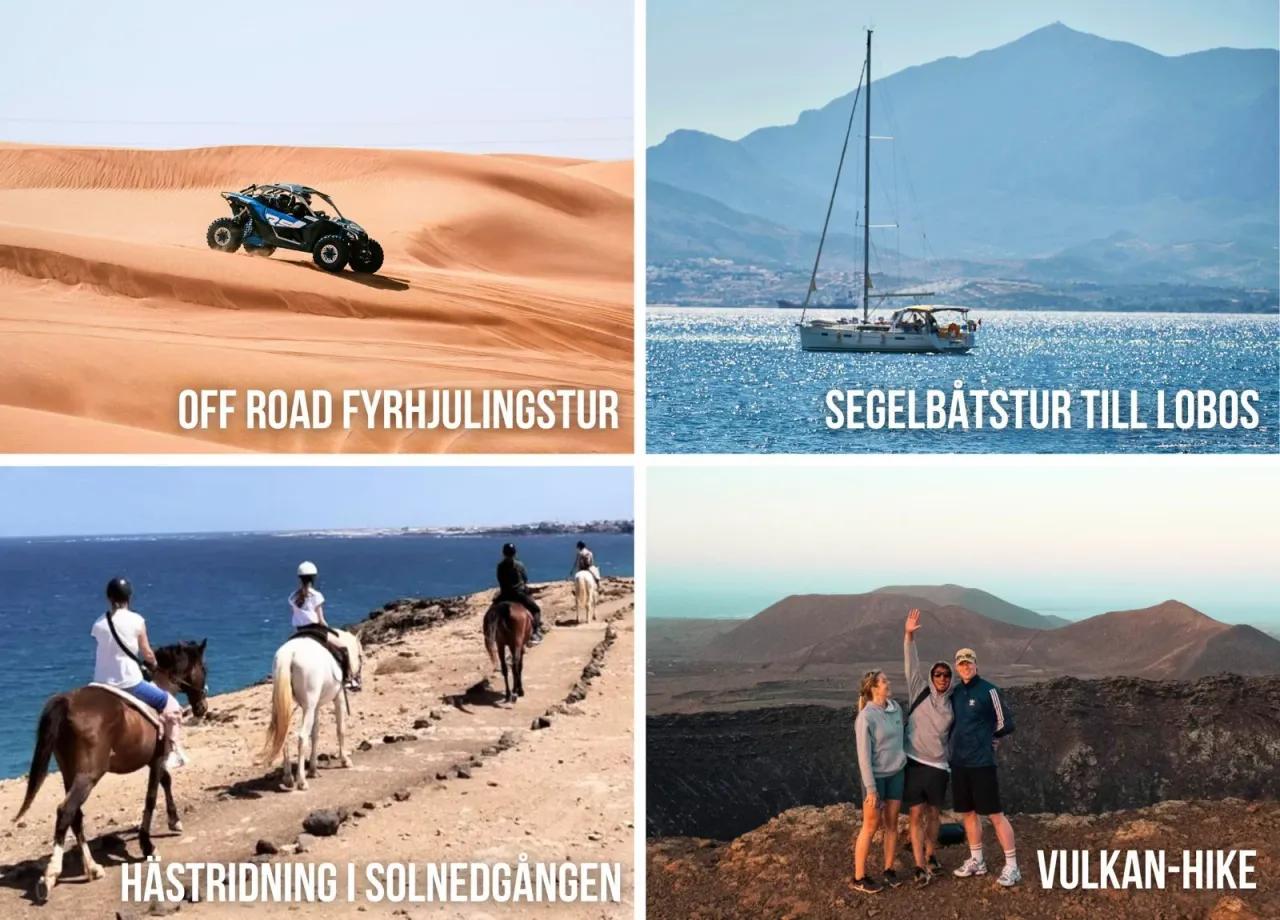 Fuerteventuras utflykter – off road fyrhjulingstur, båttur till Lobos, ridning i solnedgången och en magisk vulkan hike